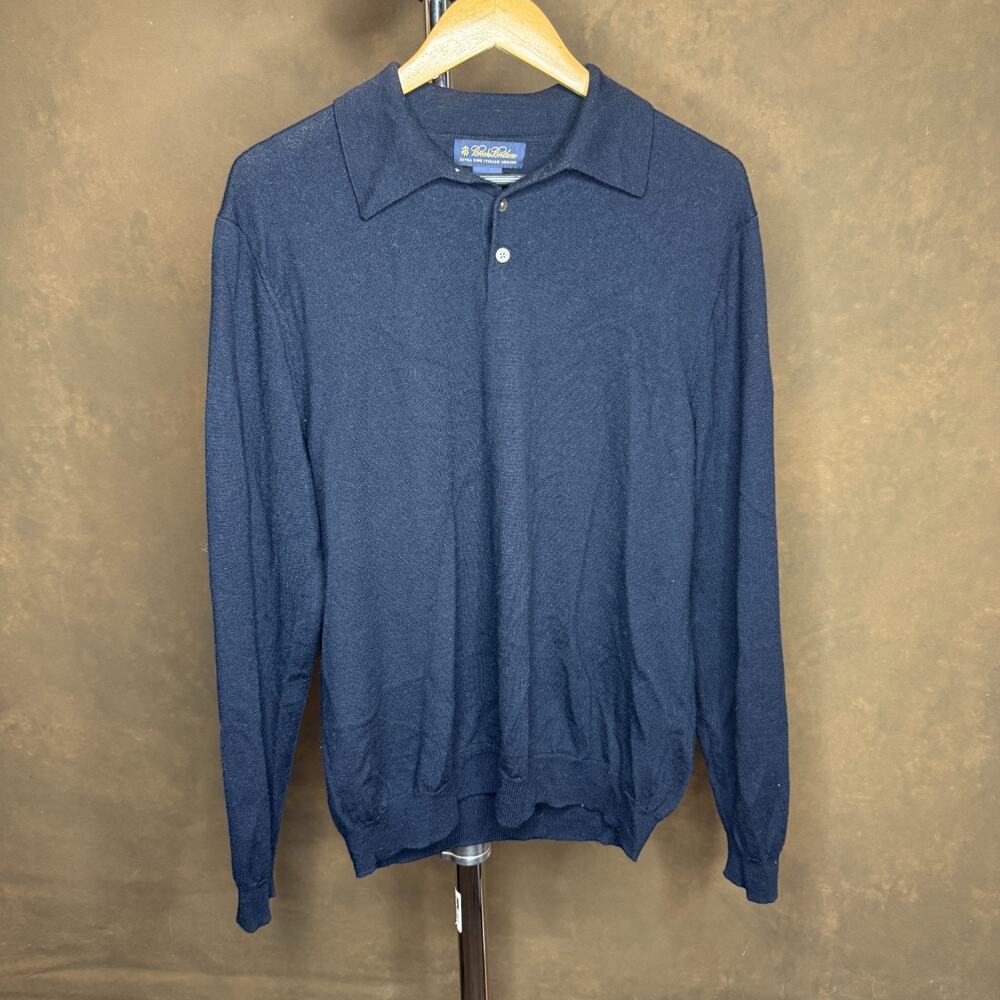 Brooks Brothers Extra Fine Italian Merino Wool Sweater Mens XL Navy w/ Collar